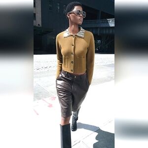 ZARA DARK KHAKI 💯% WOOL JEWEL COLLARED CARDIGAN ✨️✨️✨️